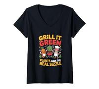 Womens Veganism "Plants Have the Real Sizzle" Barbecue V-Neck T-Shirt