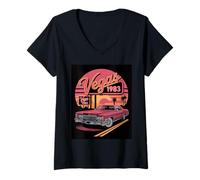 Womens Vegas 1983 Retro Classic Car Sunset Skyline V-Neck T-Shirt