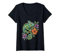 Women's Veiled Chameleon Stained Glass Reptile Art V-Neck T-Shirt