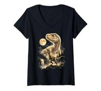 Women's Velociraptor Silhouette Mystical Moon Dinosaur V-Neck T-Shirt