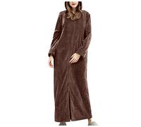 Womens Velour Dressing Gowns Long Length Zipped - Dressing Gown Coffee