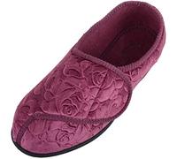 Womens Velour Style Floral Slip On Slippers Indoor Shoes with Touch and Close Fastening - Heather - UK 4 / EU 37