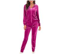 Women's Velour Tracksuit Set, Elegant Ladies Long Sleeve Full-Zip Hoodie Top & Drawstring Jogger Pants, Soft Warm Casual Loungewear 2 Piece Sportswear for Womens Autumn Winter Outfits Hot Pink