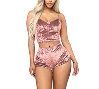 Women's Velvet 2 Piece Outfit Spaghetti Strap Backless Crop Top and Bodycon Shorts Set Clubwear Brown M