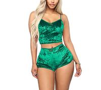Womens Velvet 2 Piece Shorts Set for Women,Sleeveless Crop Top Short Outfit Green L