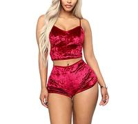Womens Velvet 2 Piece Shorts Set for Women,Sleeveless Crop Top Short Outfit Red M