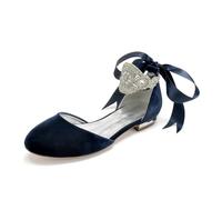 Women's Velvet Ballet Pumps Round Toe Beaded Ankle Strap Flat Wedding Shoes for Bridesmaid Party Dress Shoes 5049-64K,Navy,7 UK