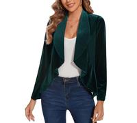 Womens Velvet Blazer Open Front Long Sleeve Suits Vintage Ladies Blazers Cardigans Casual Retro Ruffle Trim Unlined Going-Out Wear,Lake Green XL