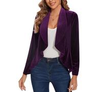 Womens Velvet Blazer Open Front Long Sleeve Suits Vintage Ladies Blazers Cardigans Casual Retro Ruffle Trim Unlined Going-Out Wear,Violet L