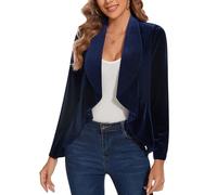 Womens Velvet Blazer Open Front Long Sleeve Suits Vintage Ladies Blazers Cardigans Casual Retro Ruffle Trim Unlined Going-Out Wear,Navy L