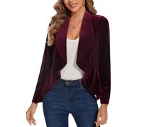 Womens Velvet Blazer Open Front Long Sleeve Suits Vintage Ladies Blazers Cardigans Casual Retro Ruffle Trim Unlined Going-Out Wear,Wine Red L