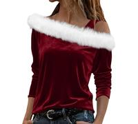 Womens Velvet Blouses Christmas Satin Silk T Shirt Solid Color Crewd Neck Off Shoulder Long Sleeve Pullover Tops Autumn Winter Casual Loose Elegant Shirts Going Out Tops Ladies Tees S-XXL Wine