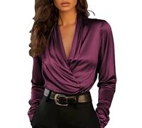Womens Velvet Blouses Long Sleeve Wrap Tops Elegant Dressy V Neck Work Business Office Shirts Solid Color Casual Going Out Ladies Tops Size S-2XL