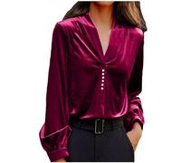 Womens Velvet Blouses Satin Silk Shirt Solid Color V Neck Long Sleeve Pullover Tops Autumn Winter Office Casual Slim Elegant T Shirts Oversized Going Out Tops Ladies Tees S-4XL Wine
