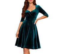 Women's Velvet Christmas Party Evening Formal Cocktail Wedding Guest Dresses Long Sleeve A Line Church Tea Dress V-Turquoise L