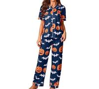 Women's Velvet Fashionable Pyjama Sets for Cosy Nights, Halloween, Stylish Sleepwear with Cardigan Print, Short Sleeve Shirt, Long Trousers, Comfortable Loungewear Stockings, Patent, blue, L