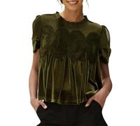 Women's Velvet Lace Blouse Casual Round Neck Short Sleeve Flared Swing Tops Ladies Elegant Loose Blouses Velour Retro Holiday Party Evening Tops Plain Flowy Shirt Army Green