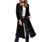 Women's Velvet Maxi Cardigans Solid Long Sleeve Oversized Coat Open Front Jackets Ladies Classic Elegant Trench Coats Fashion Lightweight Longline Lapel Collar Party Club Wedding Guest Wear