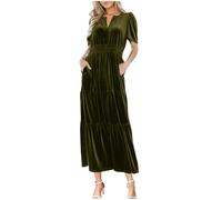 Women's Velvet Maxi Dress Casual V Neck Short Sleeve Solid Color Elastic High Waist Flowy Evening Party Dresses Elegant Long Dresses 80s Fancy Dress Plus Size Pleated Dress Wedding Guest Gown