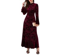 Women's Velvet Maxi Dress - Elegant Floral Jacquard Mock Neck Long Flare Sleeve A-Line Dresses Luxurious Velvet Evening Gown Formal Wedding Guest Cocktail Prom Party (Wine Red,M)