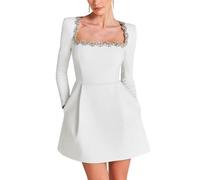 Womens Velvet Mini Dress Elegant Square Neck with Rhinestone Stitching, Crystal Square Neck Wedding Dresses for Brides (White,XXL)