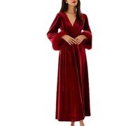 Women's Velvet Robe,Full Length Sexy Feather Splicing Bathrobe Knit Kimono Robe Nightgown,Burgundy,M