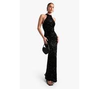 Womens Velvet Sequin Halterneck Slip Maxi Dress - Black - 12, Black