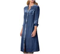 Women's Velvet Shirts Dress Long Sleeve Button Down Blouse Midi Dress Winter Party Long Dresses 80s Fancy Dress Ladies Elegant Casual Dress with Pocket Light Blue