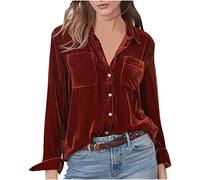 Women's Velvet Shirts UK Retro Long Sleeve Blouses Solid Color Tops Office Work Business Formal Shirts Regular Fit Button Down Blouses with Pockets