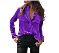 Women's Velvet Shirts UK Retro Long Sleeve Blouses Solid Color Tops Office Work Business Formal Shirts Regular Fit Button Down Blouses with Pockets