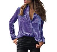 Women's Velvet Shirts UK Retro Long Sleeve Blouses Solid Color Tops Office Work Business Formal Shirts Regular Fit Button Down Blouses Pockets Smart Fit Tee Shirt Dress Plain Lapel Classic Fitted