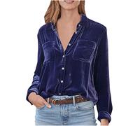 Women's Velvet Shirts UK Retro Long Sleeve Blouses Solid Color Tops Office Work Business Formal Shirts Regular Fit Button Down Blouses with Pockets