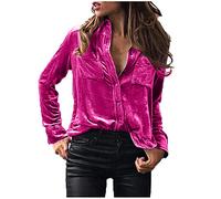 Women's Velvet Shirts UK Retro Long Sleeve Blouses Solid Color Tops Office Work Business Formal Shirts Regular Fit Button Down Blouses with Pockets