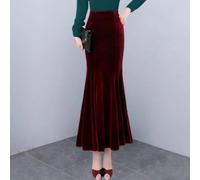 Women's Velvet Skirt High Waist Long Slim Mermaid Style Polyester Solid Color Casual Wear for All Seasons, Wine Red, M(3XL Wine red)