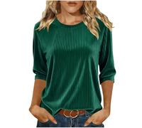 Womens Velvet Top Elegant 3/4 Sleeve Ribbed Knit Jumper Ladies Casual Round Neck Shirt Soft Solid Color Dressy Blouse Fashion Women's Loose Fit Pullover Tunic for Daily Wear & Office Layering