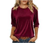 Womens Velvet Top Elegant 3/4 Sleeve Ribbed Knit Jumper Ladies Casual Round Neck Shirt Soft Solid Color Dressy Blouse Fashion Women's Loose Fit Pullover Tunic for Daily Wear & Office Layering