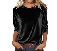 Womens Velvet Tops UK Elegant - Ladies Velvet Blouses 3/4 Sleeve Crewneck Vintage Solid Color Velour Pullover Casual Tunic Baggy Tee Shirts Party Work Office Clothes Spring Outfits Black