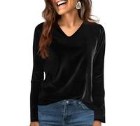 Women's Velvet V-Neck Long Sleeve Top Soft Velour Pullover Sweatshirts Solid Colour Casual Loose Fit Tunic Lightweight Comfortable Blouse for Daily Wear Office and Weekend Outfits L Black