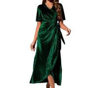 Women's Velvet V Neck Wrap Dress with Ruffle Sleeves, High Waist Maxi Evening Dress, Perfect for Christmas Parties Green
