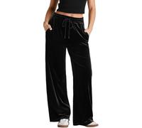 Women's Velvet Wide Leg Pants High Waist Plush Drawstring Pants with Pockets Stylish Casual Lounge Wear, Black, Large
