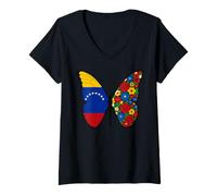 Women's Venezuela Flag Butterfly Floral Pattern Artistic Hispanic V-Neck T-Shirt