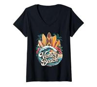 Womens Venice at the Beach Surfboards and Palm Tree Artwork V-Neck T-Shirt