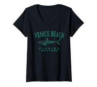 Women's Venice Beach Florida Shark Vintage Fishing Teal Art V-Neck T-Shirt