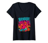 Womens Venice Beach Streetball 90s Style Graffiti Basketball Graphi V-Neck T-Shirt