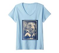 Women's Vertical East Asian Ukiyo-e Samurai Girl Japanese V-Neck T-Shirt