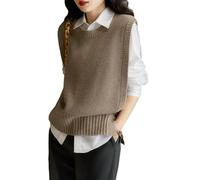 Women's Vest Rib Hem Sleeveless V Neck Jumper - Ladies Plain Sweater Cashmere Tank Top Loose Knit Jumpers Vests,Brown,One Size