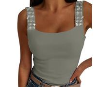 Women'S Vests Top Sexy Square Neck Camisole Blouse Solid Color Slim Running Yoga Blouses Tank Tops Rhinestone Straps Sleeveless Vest Basic Going Out Cami T-Shirts Lightweight Nightclub Party Shirt
