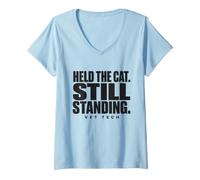 Women's Vet Tech Held The Cat Still Standing Animal Care Humor V-Neck T-Shirt