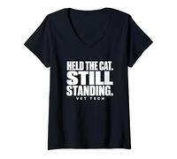 Women's Vet Tech Held The Cat Still Standing Animal Care Humor V-Neck T-Shirt