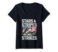 Womens Veteran Bass Fisherman Patriotic American V-Neck T-Shirt